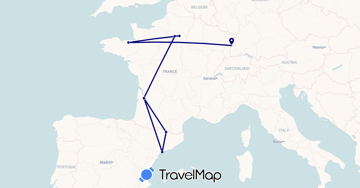 TravelMap itinerary: driving in Andorra, Germany, Spain, France (Europe)